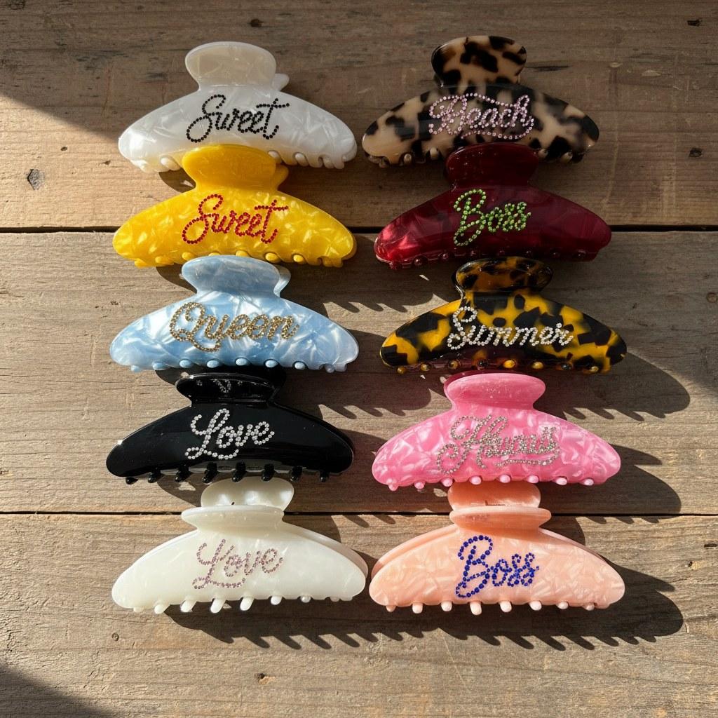 Anpassad logotyp Personlighet Färgglada strass Acetat Hair Claw Clips för kvinnor tjejer