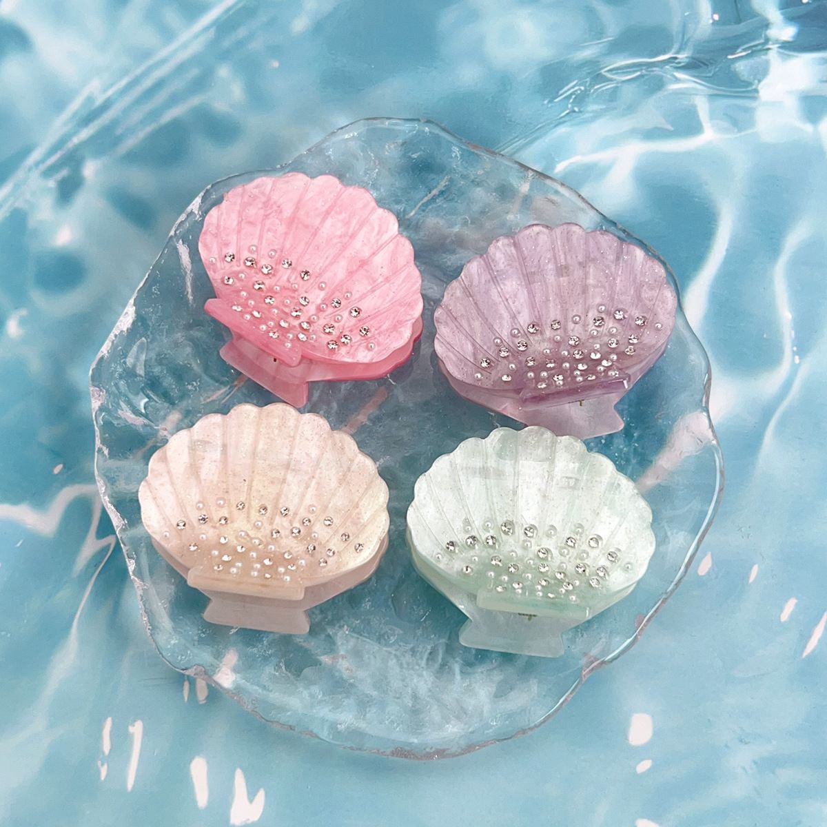 Glitter Lyx Kristall Strass Vit Acetat Hårklo Sea Shell Smycken Små Hårkloklämmor Håraccessoarer för kvinnor